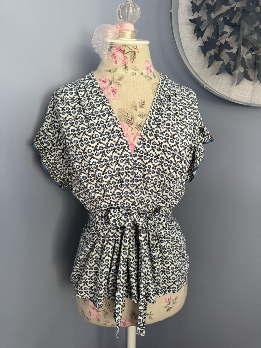 Max Studio Blue and White Floral Wrap Belted V-Neck Top